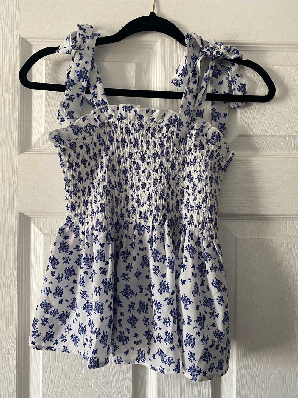 SHEIN White Tank Top with Blue Floral Smocking
